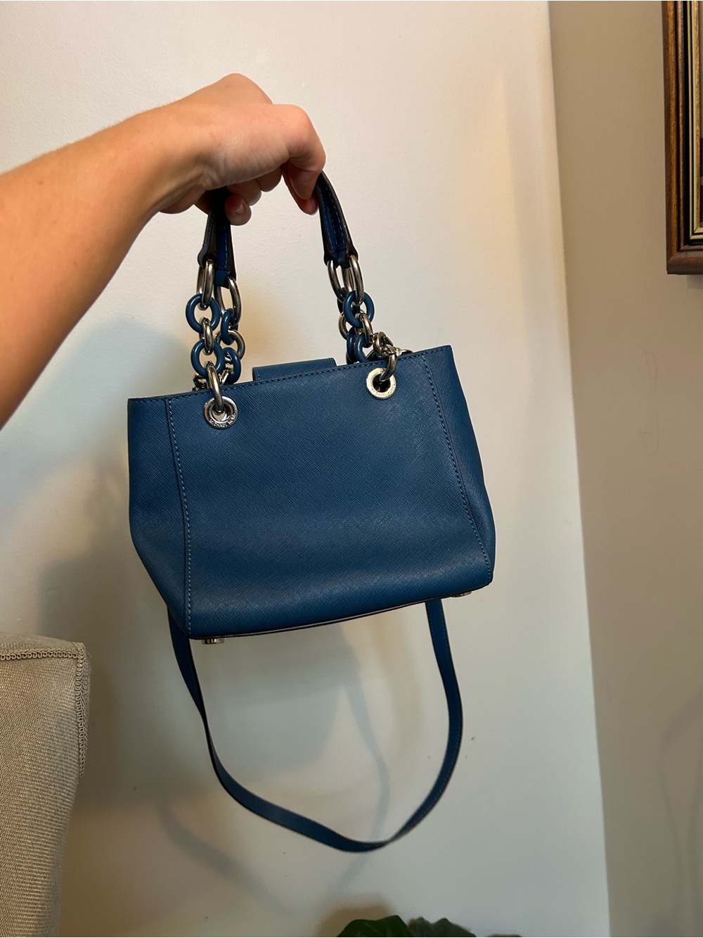 Michael Kors Navy Blue Leather Shoulder Bag with Chain Handles
